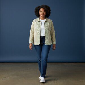 Bob Mackie Wearable Art Embroidered Stretch Denim Zip Jacket Tan White Green 2X